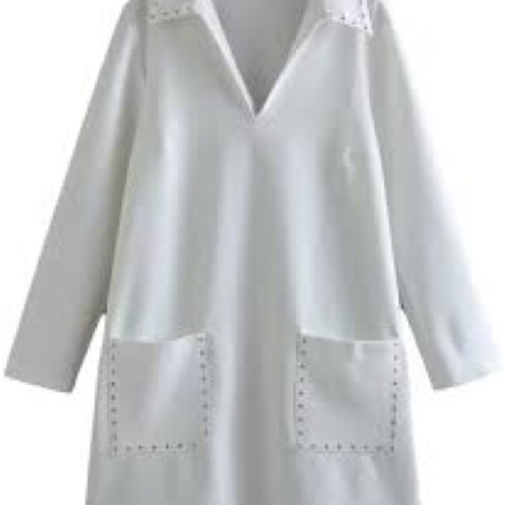 Zara Silver-Studded Polo Collar Dress in White Size XS NWT - Picture 4 of 5